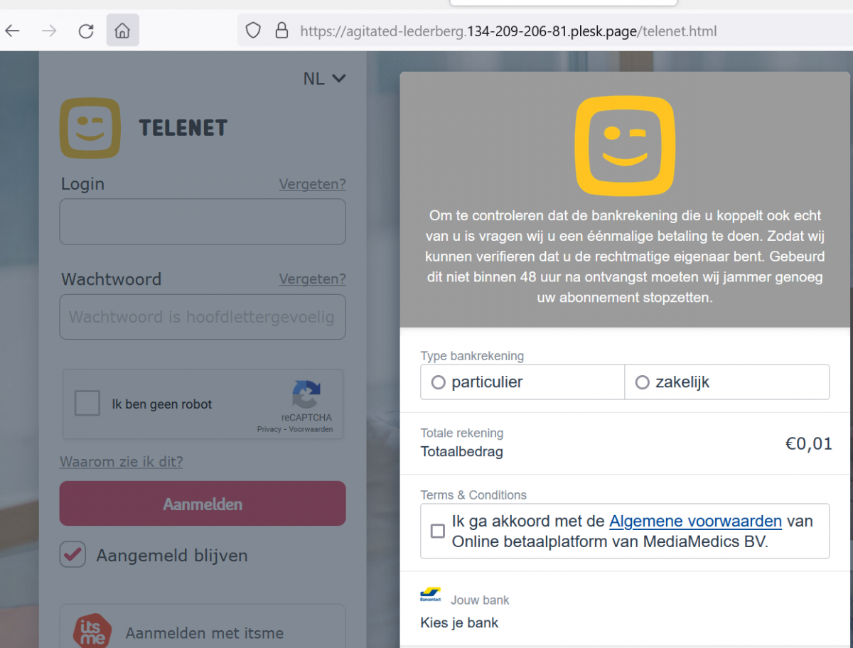 fake Telenet website