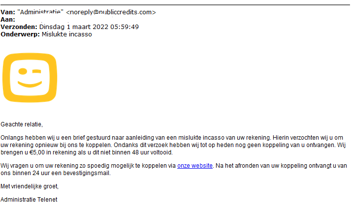 false message appearing to come from the Telenet administration